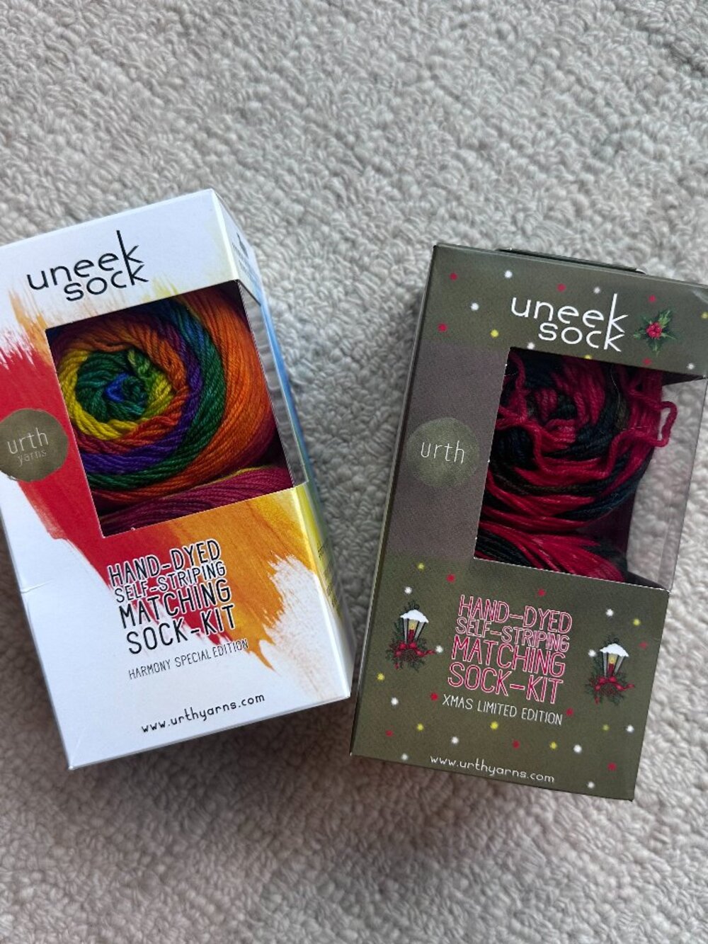 2 Urth Uneek Hand-dyed Self-striping Sock Kits, Rainbow & Christmas Colored Yarn